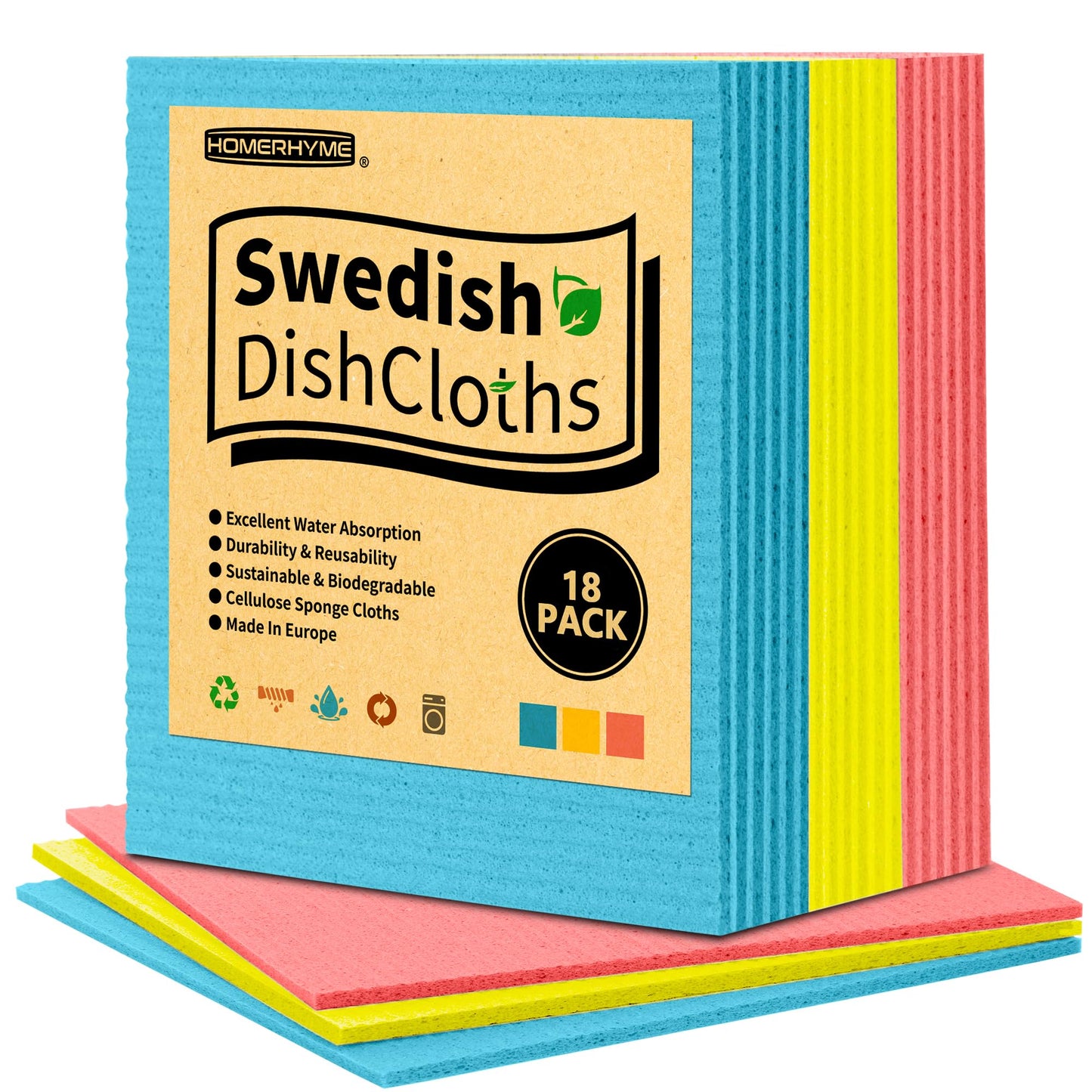 HOMERHYME Swedish Dishcloths, 18 Pack Kitchen Towels Dish Rags, Absorbent Swedish Dish Towels for Kitchen, Non-Scratch Cellulose Cleaning Wipes, Biodegradable Washable Reusable Paper Towels