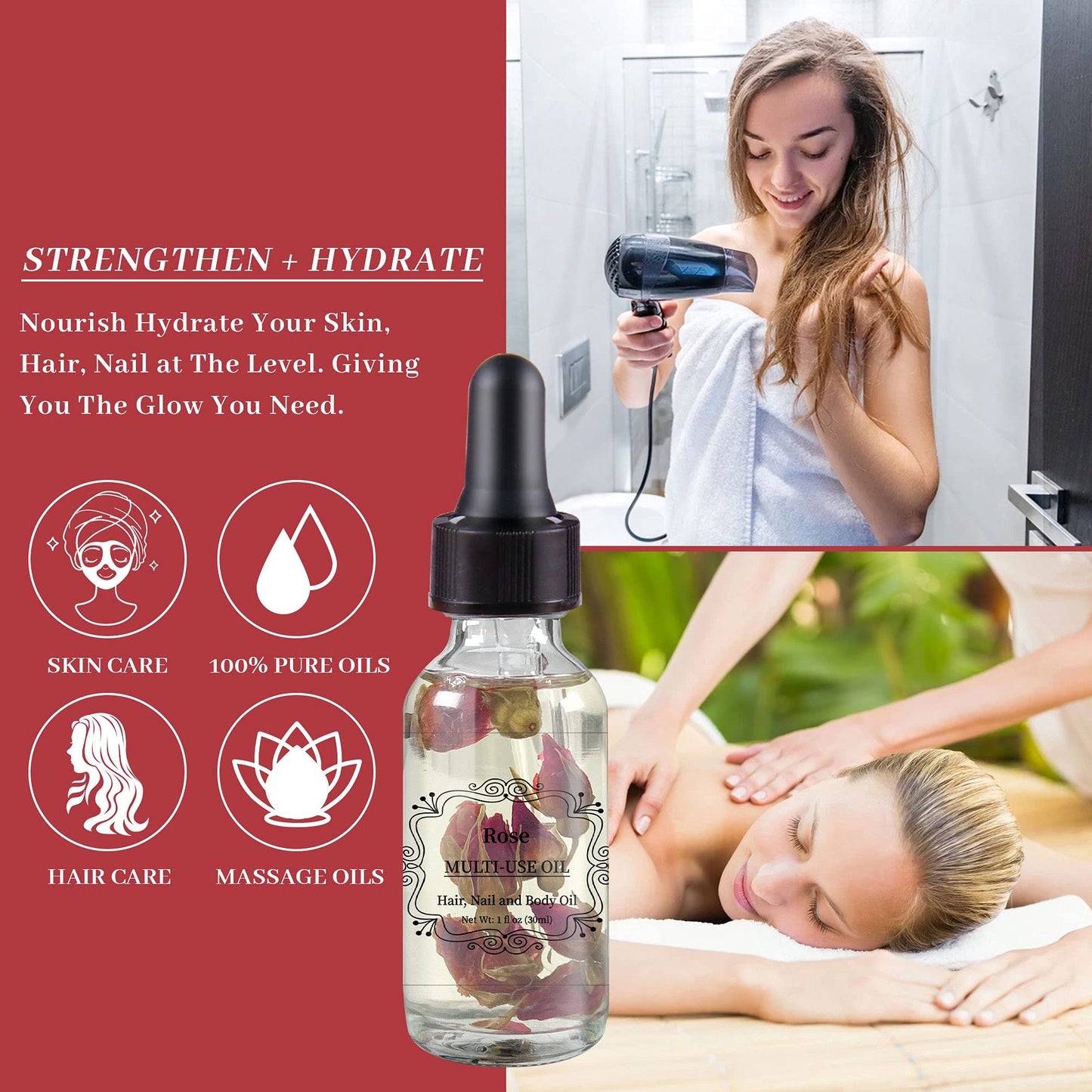 NP NATURES PHILOSOPHY Rose Multi-Use Oil, Plant Fragrant Essential Oil Rose Oil for Face, Hair, Body, Nails Care and Massage - 1 Fl Oz
