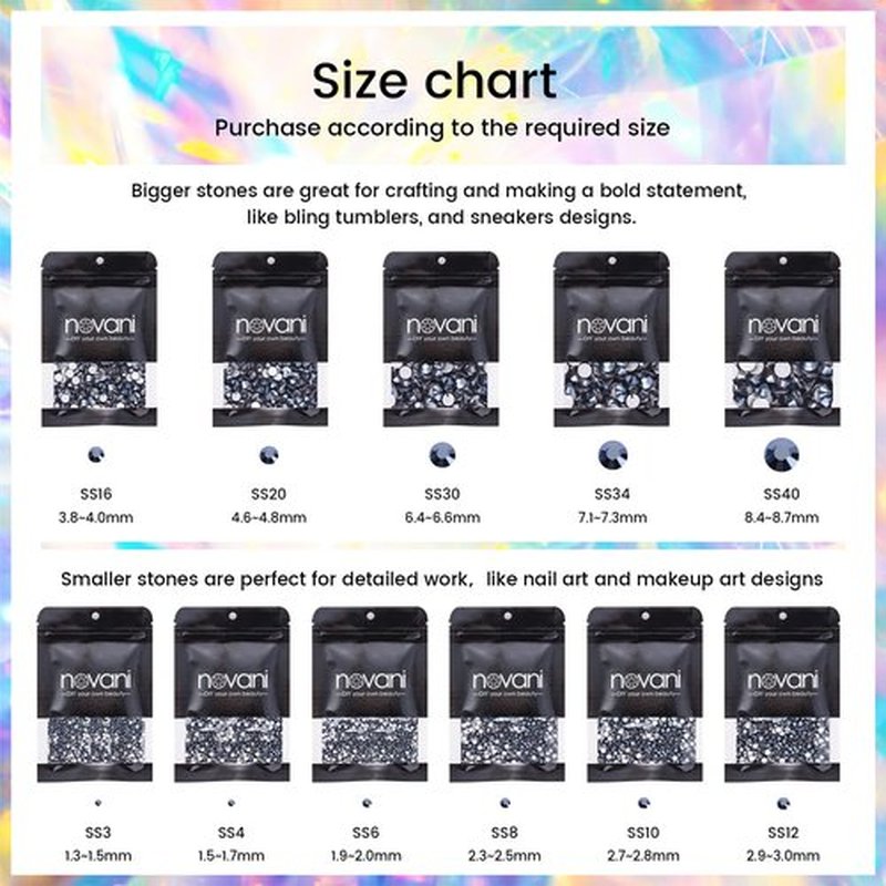 Novani Rhinestones Flatback Rhinestones Glass Nail Gems Stones Jewels Round Gemstones Non-Hotfix Crystal,SS6,1440 Pieces,Shiny Black