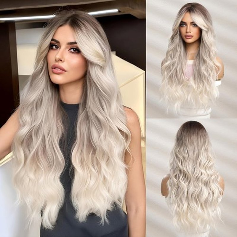 OMELPIS Long Ombre Brown Ash Blonde Wavy Wig with Bangs for Women Natural Butterfly Haircut Gray Ash Platinum Dark Roots Layered Wavy Synthetic Wigs Curtain Bangs Curly Hair Daily Party Dating 26In