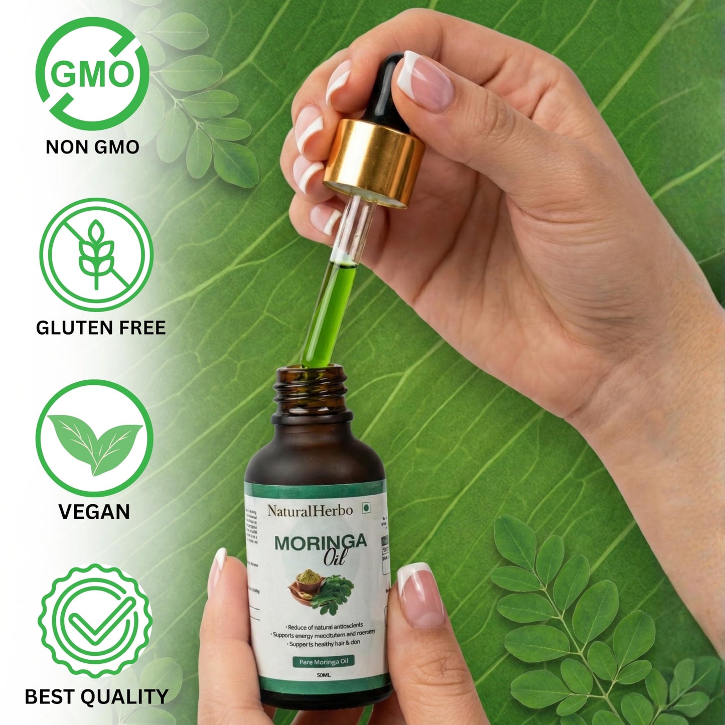 NaturalHerbo Moringa Seed Oil Pure, Cold Pressed, Oleifera Seed Oil | Behenic-Rich Herbal Oil for Skin, Hair, Scalp and Body, Fast-Absorbing Natural Moisturizer for Skin and Healthy Hair - 30 ML