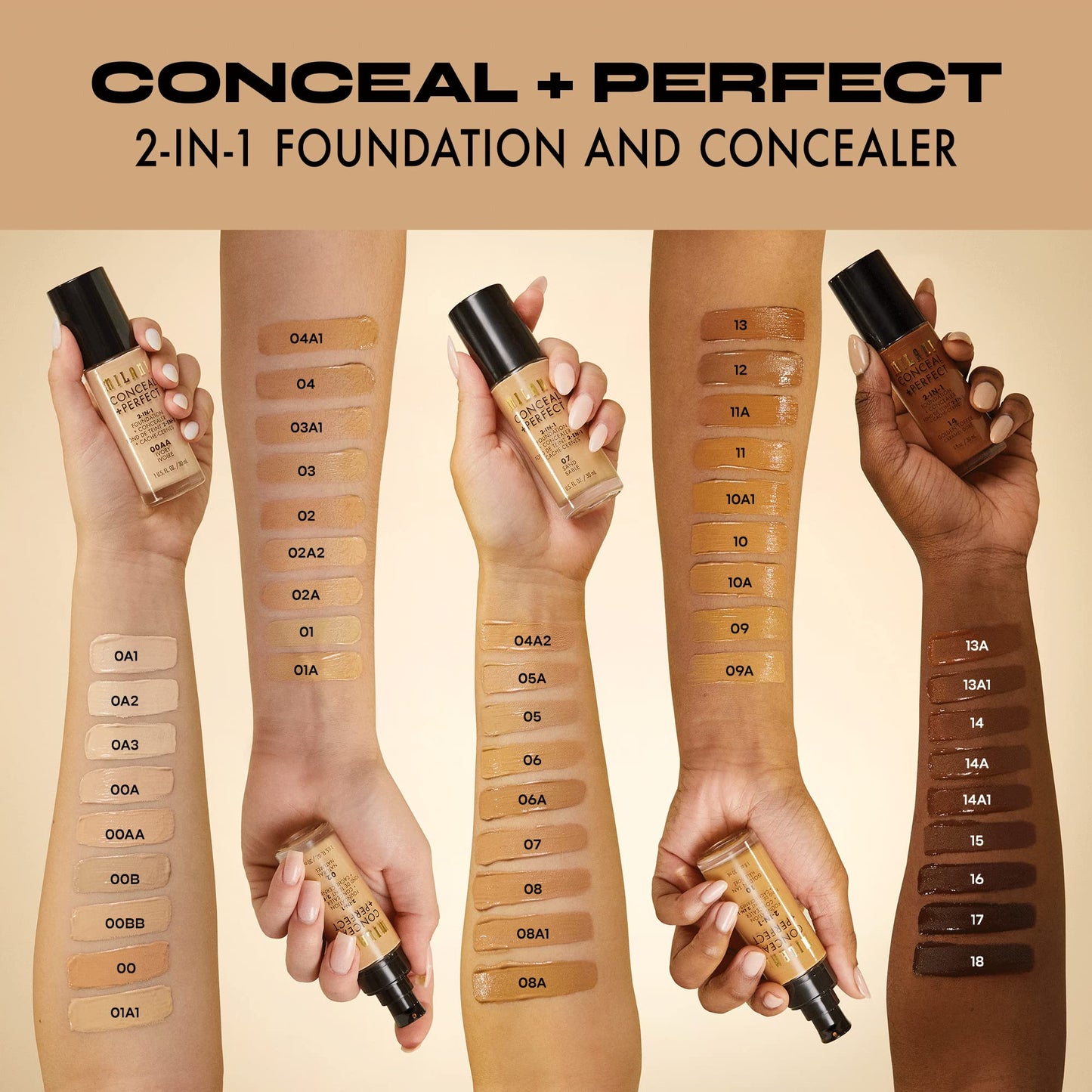Milani Conceal + Perfect 2-in-1 Foundation + Concealer for a Flawless Complexion, Under Eye Corrector, Cover Redness and Imperfections, Waterproof and Sweatproof - 01A-Creamy Nude