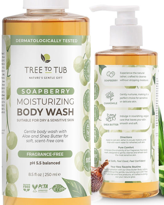 Unscented Body Wash for Sensitive & Dry Skin - Moisturizing, pH Balanced, Sulfate Free Soap with Organic Shea Butter & Aloe | 16 oz