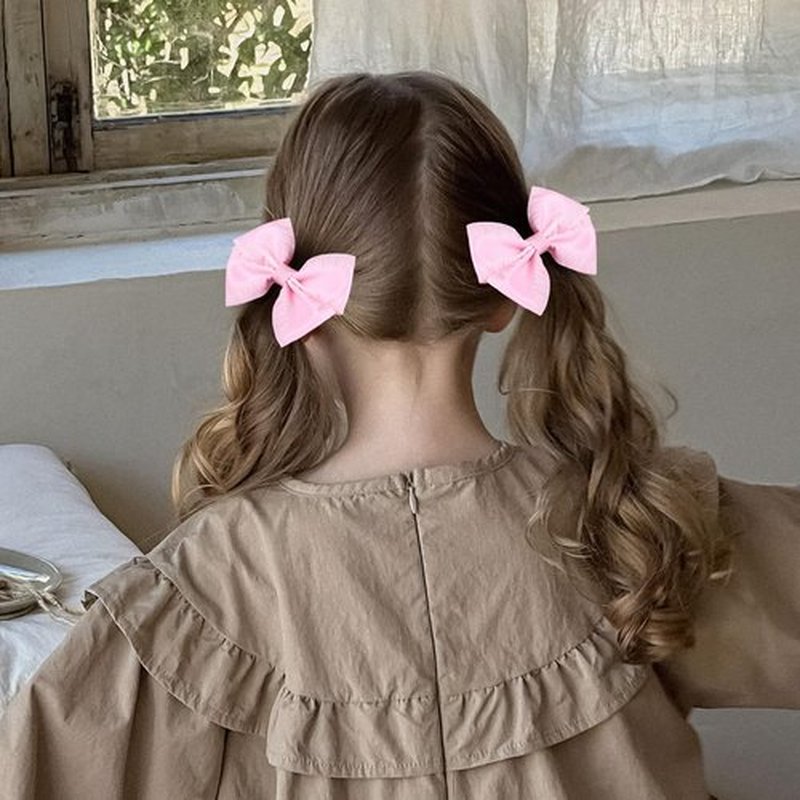 2pcs Silky Satin Hair Bow Barrettes 3" Ruffled Ribbons Pink Alligator Clips for Ponytail Holders,Valentines Wedding Easter Hair Accessories for Baby Girls Toddlers Teens Women