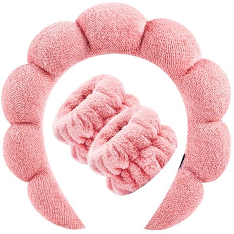 Zkptops Spa Headband for Washing Face Wristband Set Sponge Makeup Skincare Terry Cloth Bubble Soft Get Ready Hairband for Women Girl Puffy Padded Headwear Non Slip Thick Hair Accessory(Coral Pink)
