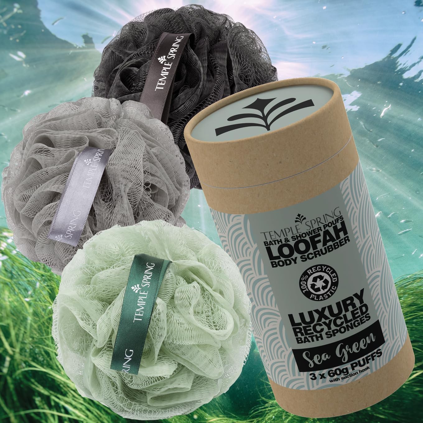 Temple Spring Soft Mesh Shower Loofah Sponge 3-Pack (60g Each) — Gentle Exfoliating Body Scrubber for Rich Lather & Smooth Skin, Bath Sponge for Women & Men, 100% Recycled Materials with Suction Hook