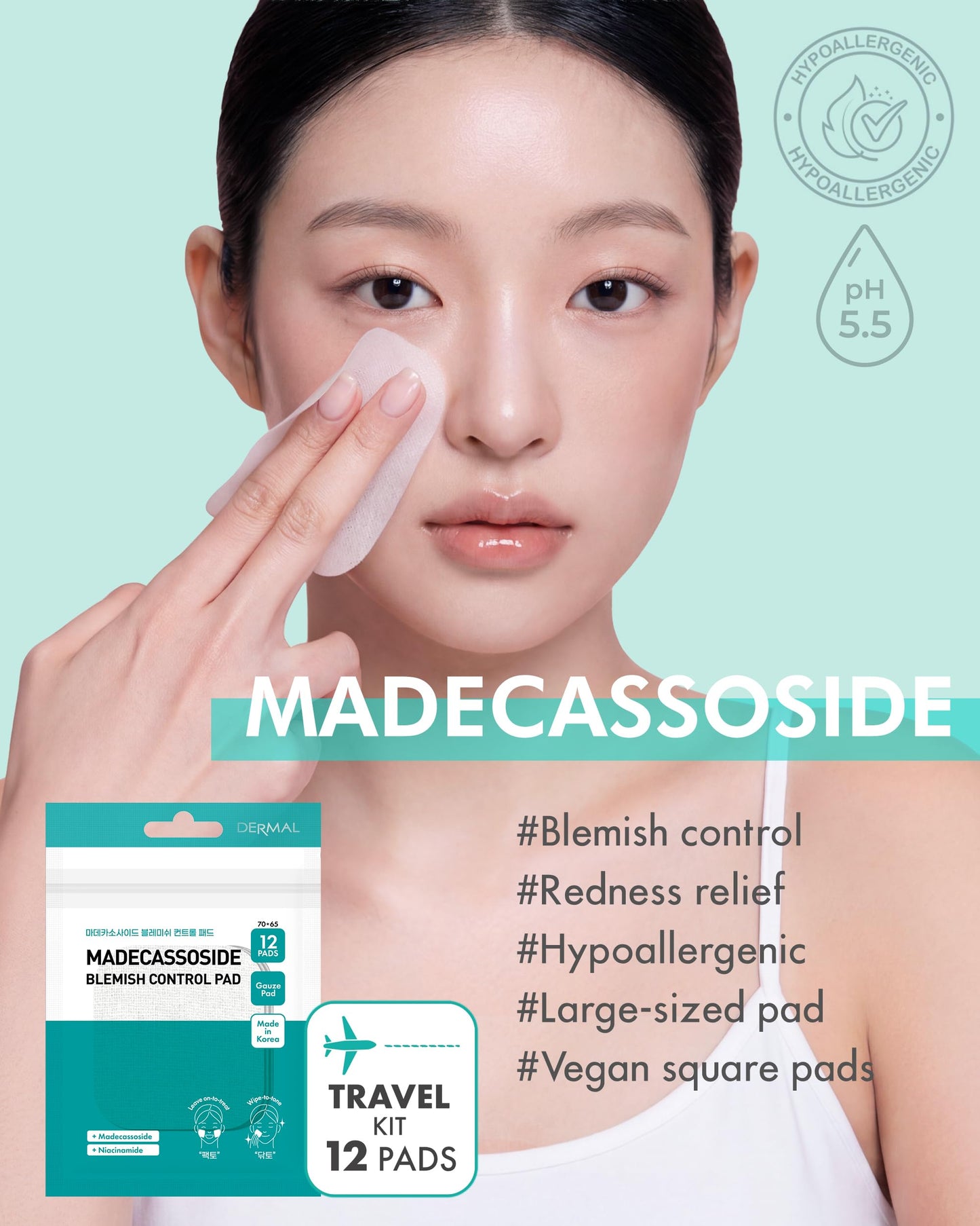 DERMAL Madecassoside Blemish Control Pad - Korean Toner Pad for Blemish & Tone Improvement with Centella Asiatica - Vegan Gauze Tencel Square Pads - Travel Kit 12 Pads, 3 Pack (Total 36 ea)