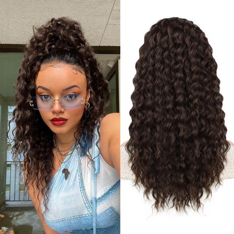 AISI BEAUTY Curly Ponytail Extension, Drawstring Ponytail Extension for Black Women Dark Brown Synthetic Clip in Ponytail Extension 20 Inch Long Curly Wavy Fake Ponytail Hairpieces for Daily Use