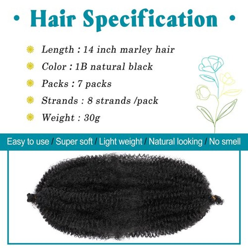 Marley Twist Braiding Hair 14 Inch 7 Packs Cuban Twist Hair Springy Afro Twist Hair Marley Hair for Soft Faux Locs Crochet Hair Pre Separated Spring Twist Hair Kinky Twist Hair for Braiding (1B#)