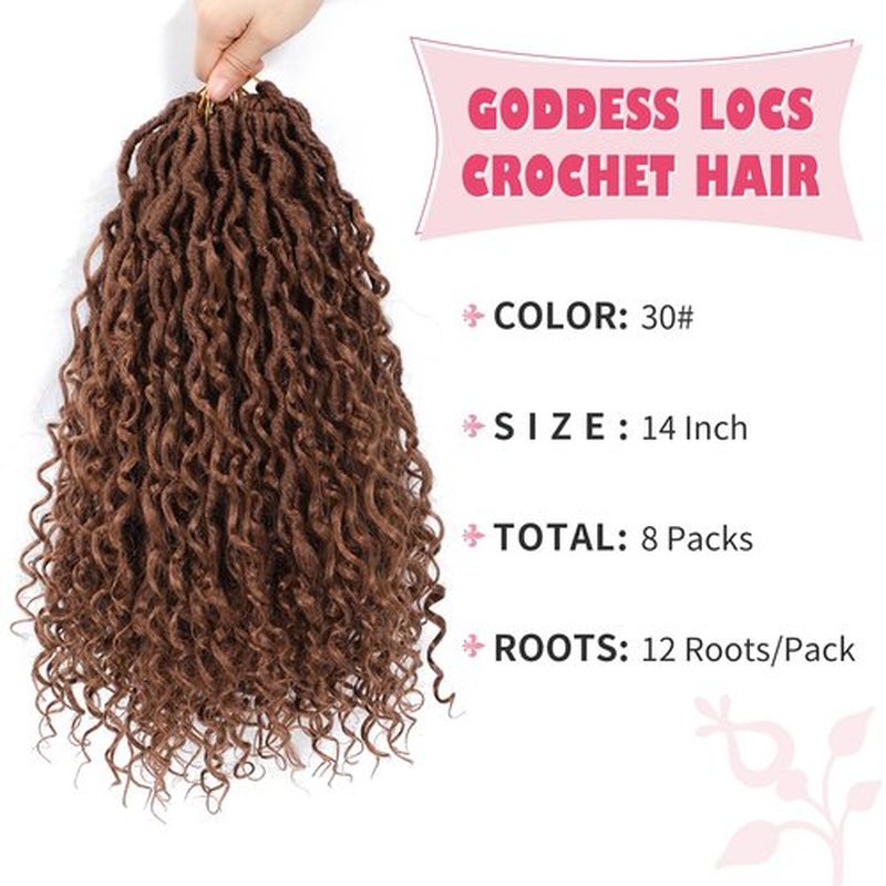 Alicoco Goddess Locs Crochet Hair 14 Inch 8 Packs Faux Locs Crochet Hair For Women Boho Soft Locs Pre-looped River Crochet Locs With Curly Ends (14 Inch (Pack of 8), 30#)