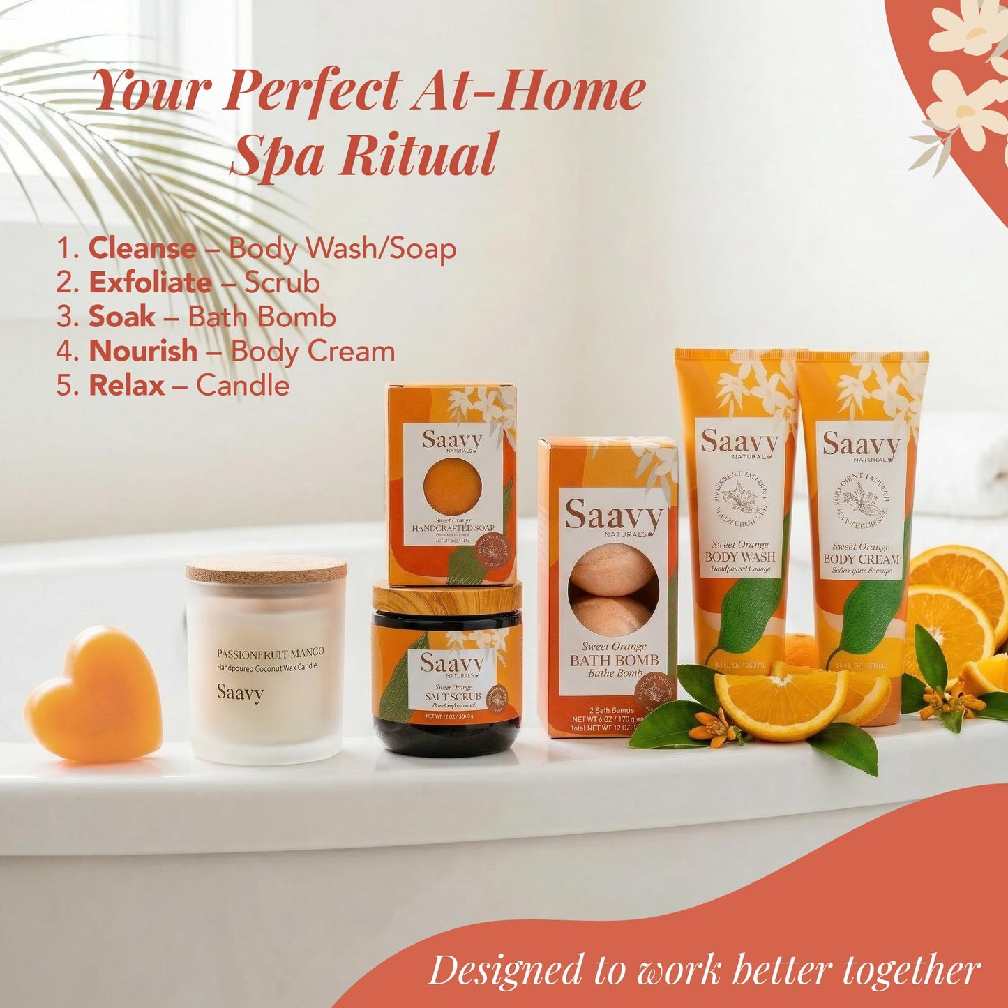 Saavy Naturals 9-Piece Spa Gift Set – Body Wash, Scrub & More – Plant-based Ingredients, Luxurious Spa Gift Basket for Women & Men –Mothers Day Gifts – (Sweet Orange GIft Set)