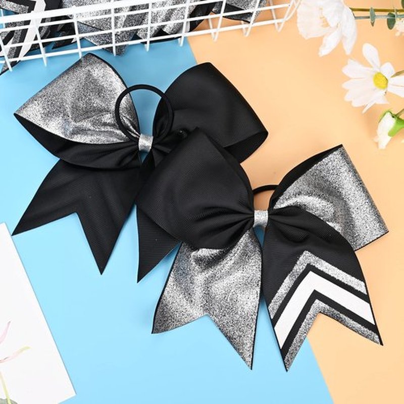 DEEKA 8PCS 8" Two Toned Large Glitter Cheer Bows Shiny Cheer Hair Bows Ponytail Holder Handmade for Cheerleader Girls Softball Sports -g Silver/Black