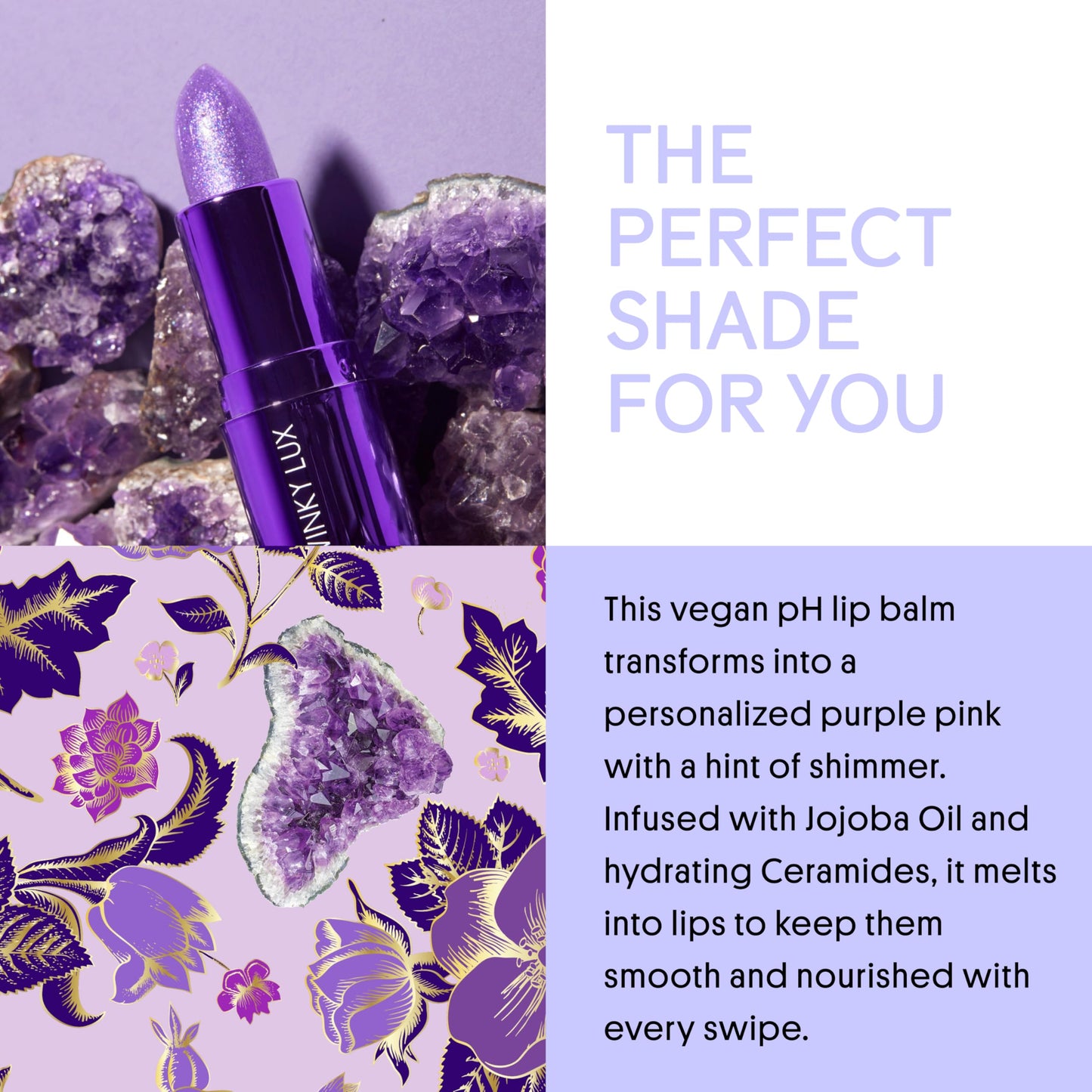 Winky Lux Amethyst Glimmer Balm – Nourishing pH Lip Balm with Color Changing Tint, Hydrating Ceramides Soften Lips, Coconut Scent