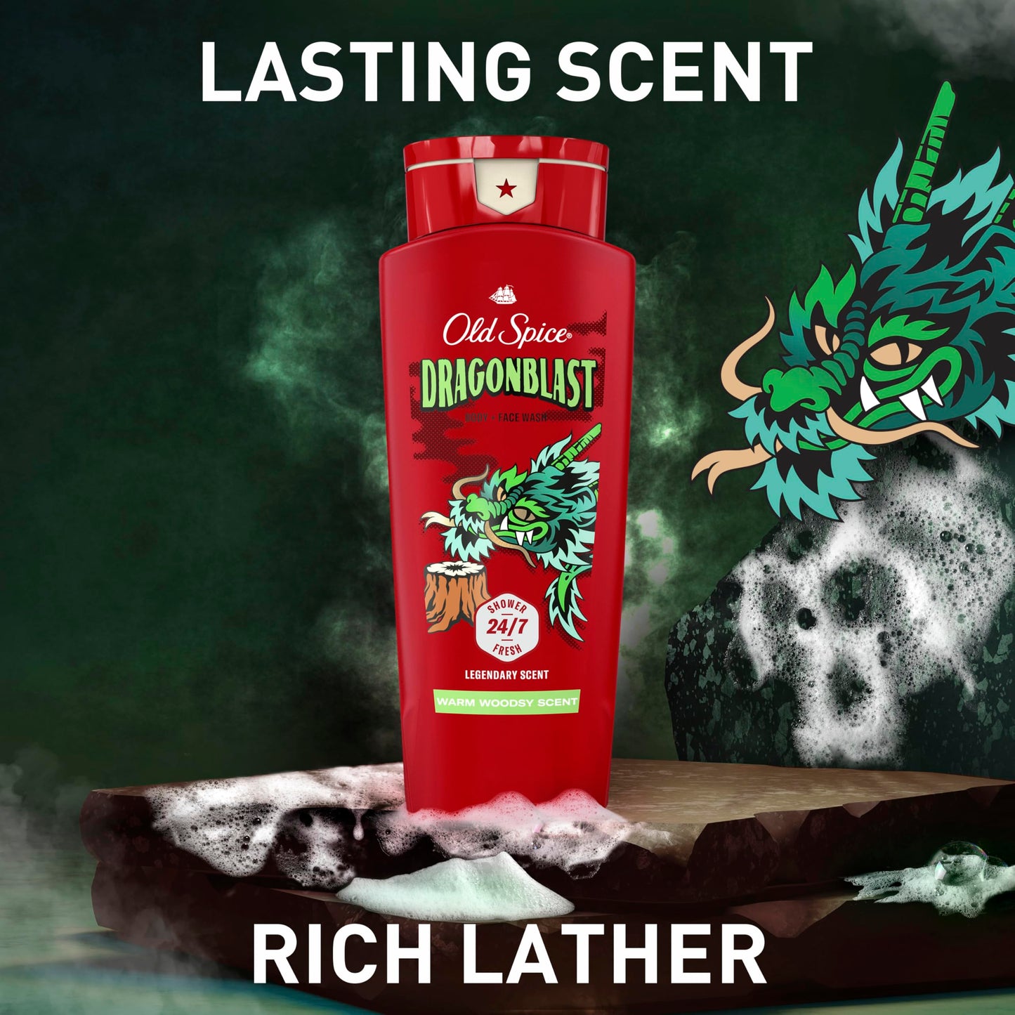 Old Spice Cleansing Body Wash for Men, 3X Defense, 24/7 Shower Fresh with Lasting Scent, 2-in-1 Body & Face Wash, Dragonblast Scent, 24 oz (Pack of 4)