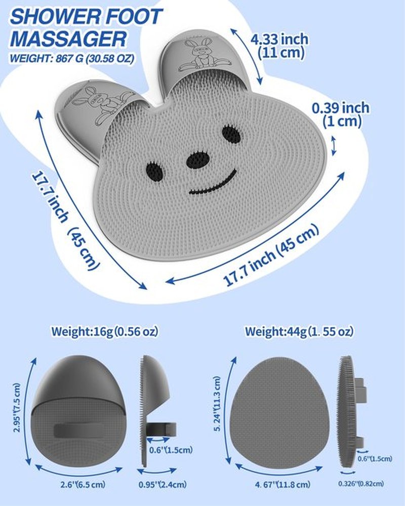 Manmihealth Extra-Large Shower Foot Scrubber Mat & Soft Shower Brush Face Scrubber Set (3 PCS), Rabbit-Shaped Silicone Foot Scrubber in Shower & Body Facial Cleansing Brush Set (Gray)