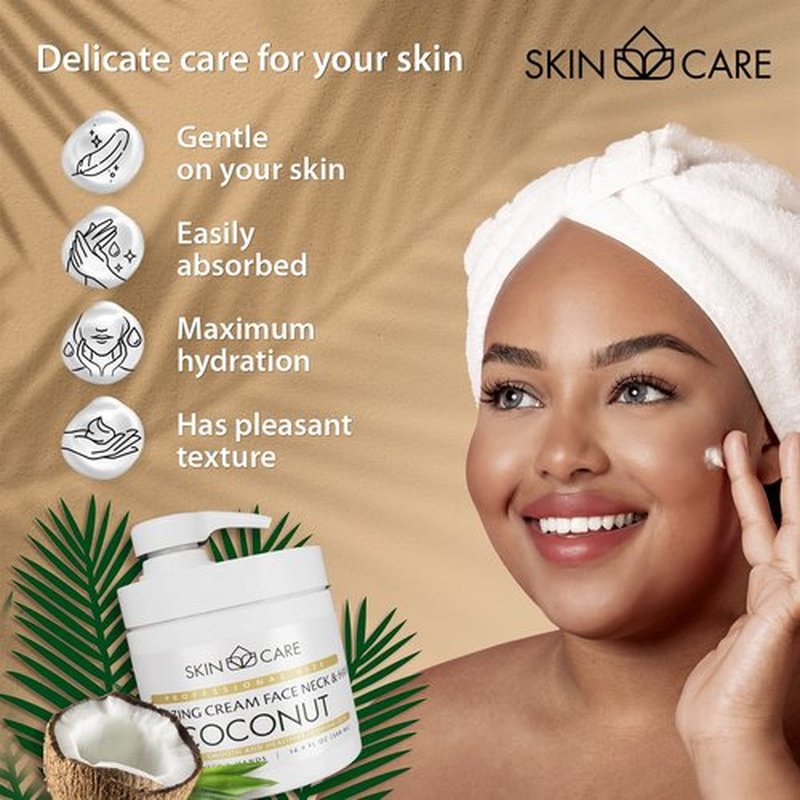 Skin Care Coconut Oil 3-in-1 Moisturizer Face Cream, Neck and Hands - Treatment for Crepey Skin, Wrinkles and Sagging - Daily Lotion for All Skin Types - 16.9 fl. oz.