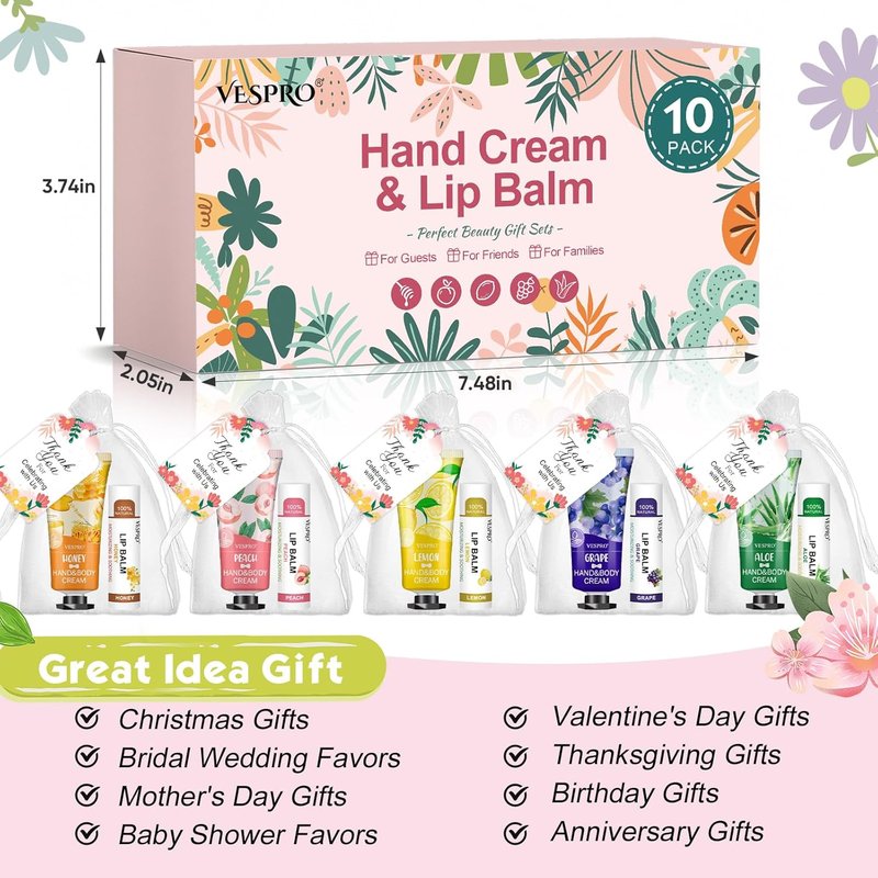 Hand Cream and Lip Balm Set - 10 Pack Gift Set for Moms, Teachers, Nurses | Includes Thank You Cards & Organza Bags
