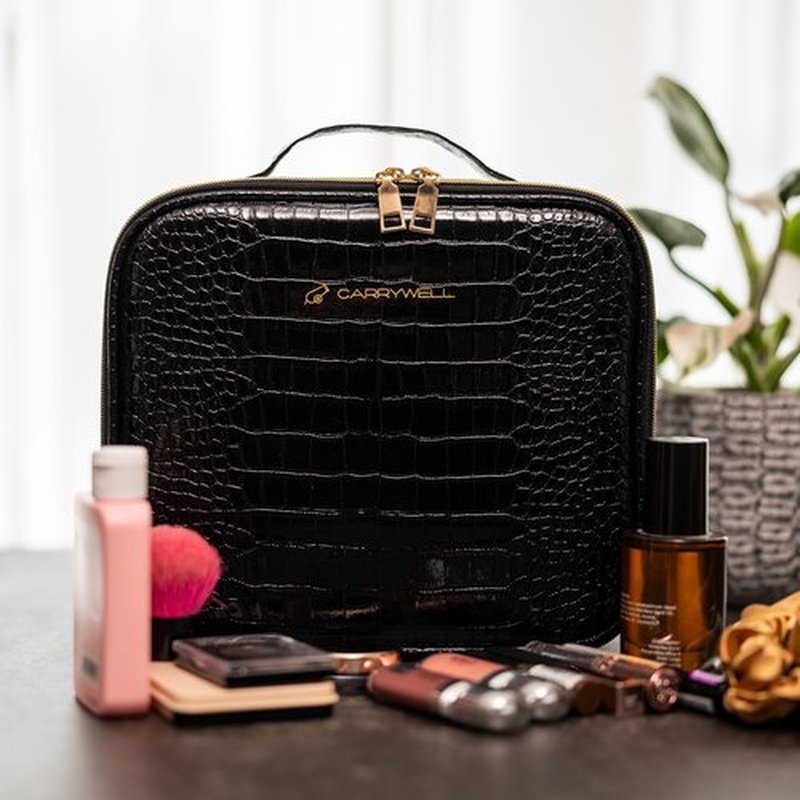 (Not Made In China) Travel Makeup Train Case, Make Up Box, Cosmetic Storage Organizer For Professional Beauty Artist W/Adjustable Dividers For Jewelry, Nail Polish and Brushes (1, Crocodile, Small)