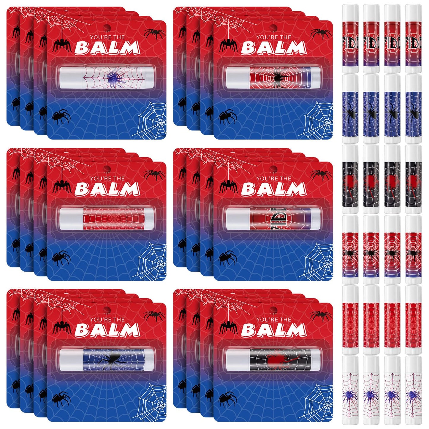 Qunclay 24 Pack Spider Lip Balm Party Favors Bulk Cobweb Themed Mint Lip Balm with Backing Cards, Birthday Goodie Bag Stuffers Summer Halloween Party Supplies for Boys Girls