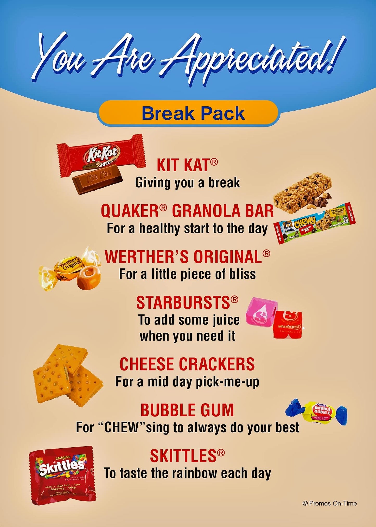 Employee & Staff Break Pack (12 per box) 5" x 7" Appreciation Gifts Filled with Treats