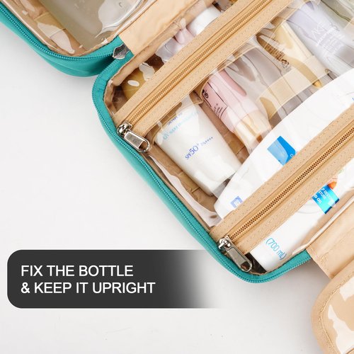 Travel Hanging Toiletry Bag for Women and Men, with 8 Leak Proofing Silicone Bottle Covers, Waterproof Makeup Accessories, Cosmetic Essentials, Toiletries Dopp Kit Set with Jewelry Organizer, Blue