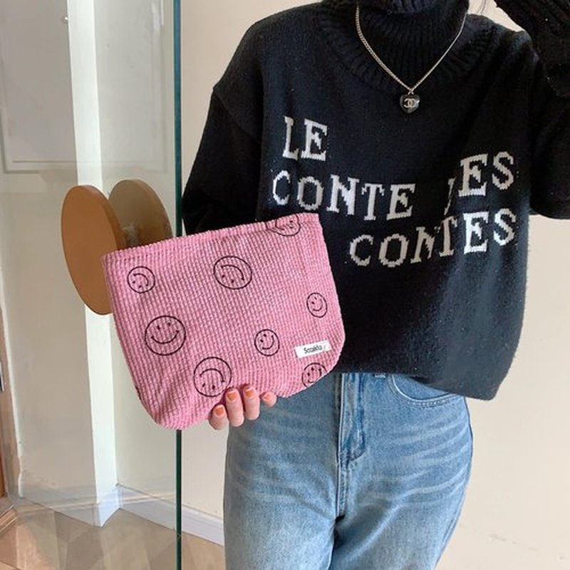 Cosmetic Bags for Women - Corduroy Cosmetic Bag Aesthetic Women Handbags Purses Smile Dots Makeup Organizer Storage Makeup Bag Girls Case Bags (Pink)