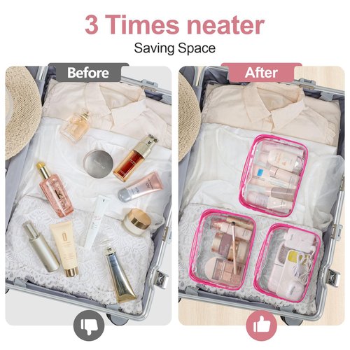 PACKISM Clear Makeup Bags, 4 Pack Quart Size Travel Bag TSA Approved Clear Travel Bags for Toiletries, Clear Cosmetic Bags Carry on Clear Toilety Bag TSA Approved Toiletry Bags, Rose Red