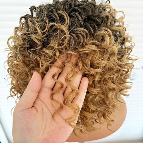 Short Loose Curly Afro Wigs 8 Inch Ombre Blonde Big Bouncy Kinky Curly Bob Wig with Bangs for Women Synthetic Heat Resistant Full Hair Wig