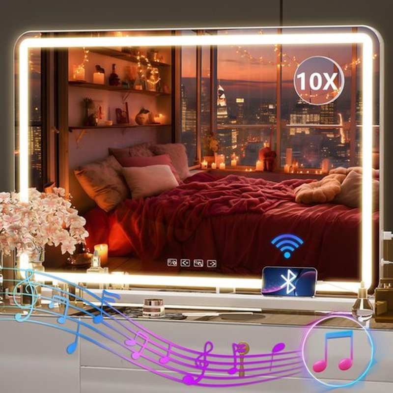 Hasipu Vanity Mirror with Lights and Bluetooth Speaker, 32" x 22" LED Makeup Mirror, Lighted Makeup Mirror with Dimmable 3 Modes, USB Charging Port, Round White