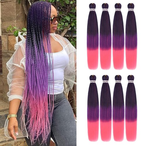 Liang Dian Braiding Hair Pre Stretched 36 Inches 8 Packs Synthetic Fiber Crochet Twist Braids Yaki texture Braiding Hair Extensions (36 Inch,1B/Purple/Pink)