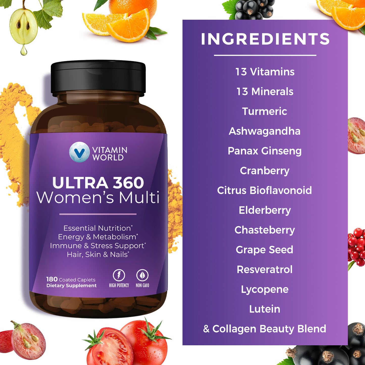 Vitamin World Ultra 360 Multivitamin for Women, Women's Multivitamin with Herbs & Collagen for Hair, Skin & Nails, Supplement with Iron, Vitamin A, B, C, D, E for Energy & Immune Support, 180 Caplets