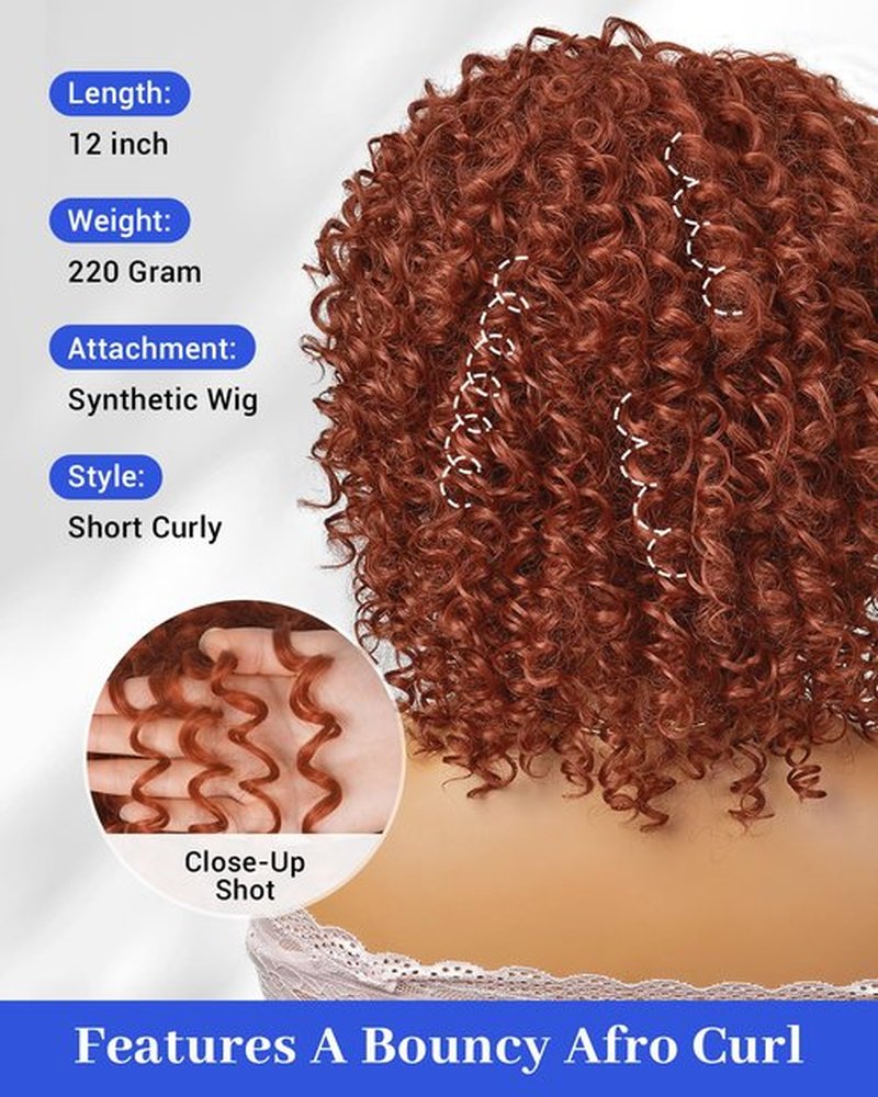 Marshey Afro Curly Wigs with Bangs for Black Women Kinky Curly Synthetic Hair Heat Resistant 12 Inch Short Ginger Wig for Daily Party (Orange)