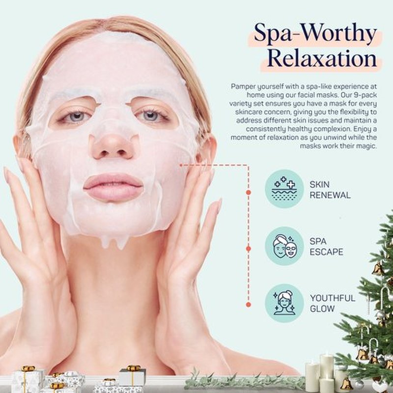 SpaLife 9-Pack Facial Masks for Skin Rejuvenation, Hydration, and Moisturizing - Beauty Face Mask Set for Women