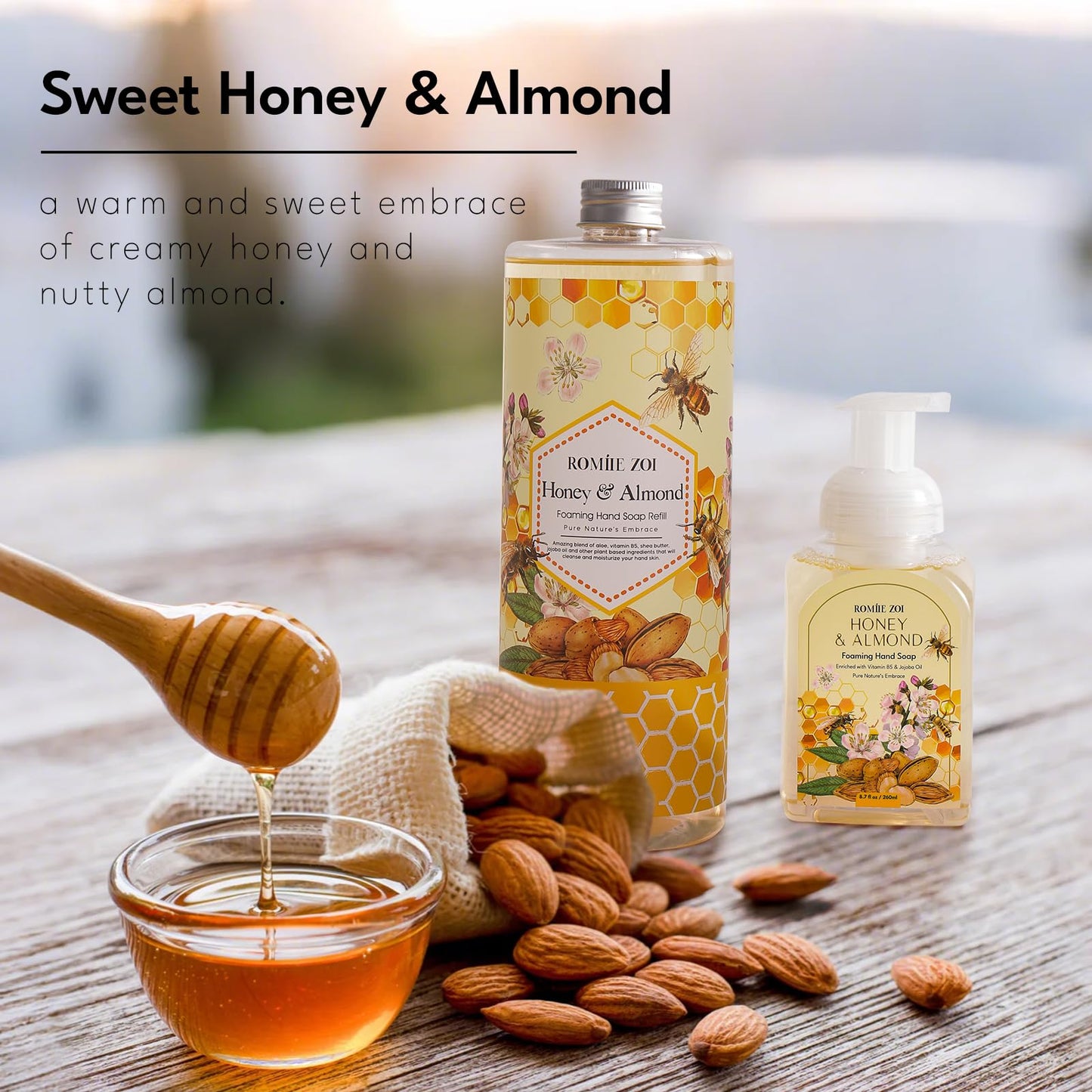 ROMIIE ZOI Foaming Hand Soap Refill- Natural Honey & Almond Fragrance Gentle & Moisturizing Formula Hand Soap Refills with Dispenser for Home & Kitchen, 1 L/ 33.8 FL OZ pack of 3