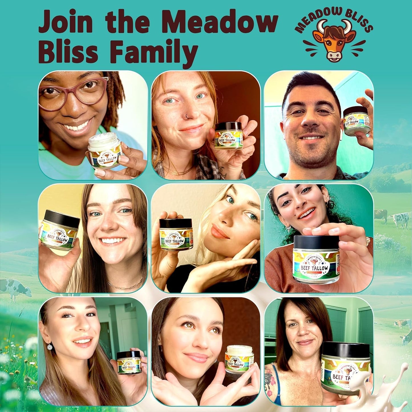 Meadow Bliss Beef Tallow for Skin - Moisturizer Cream - 100% Grass Fed - Whipped Beef Tallow - Organic Jojoba Oil - Organic Shea Butter - Supports Eczema, Rosacea - Made in USA - Unscented - 2 oz