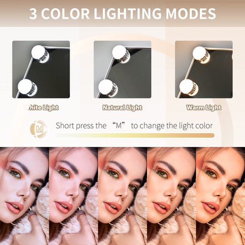 SLIMOON Hollywood Vanity Mirror with Lights, 9 Dimmable LED Bulbs Lighted Makeup Mirror with Detachable 10X Magnification Mirror, 1200mAh Rechargeable, 3 Color Lights, Touch Control