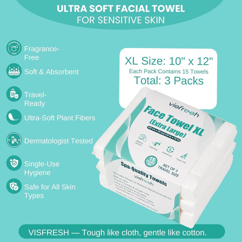 Disposable Face Towels - Ultra-Soft & Thick Travel Wipes for Sensitive Skin | 10"×12" | 15 Towels per Pack