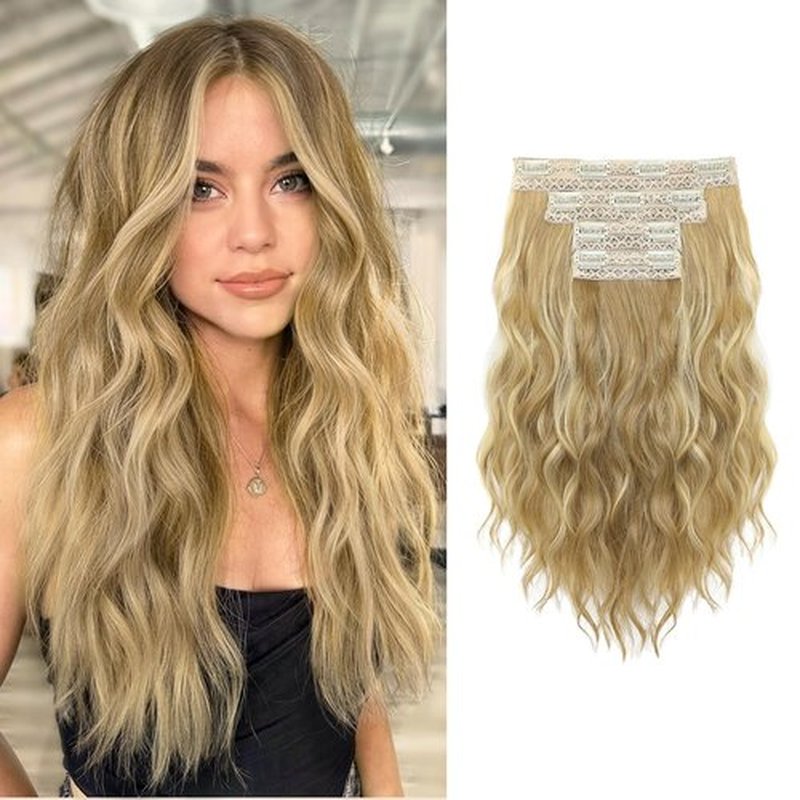 KUIRAN Hair Extensions, Clip in Hair Extensions 14" Short Wavy Hair Extensions 4PCS Hair Extensions Invisible Lace Weft Natural Soft Hairpieces for Women - Medium Blonde with Blonde Highlights