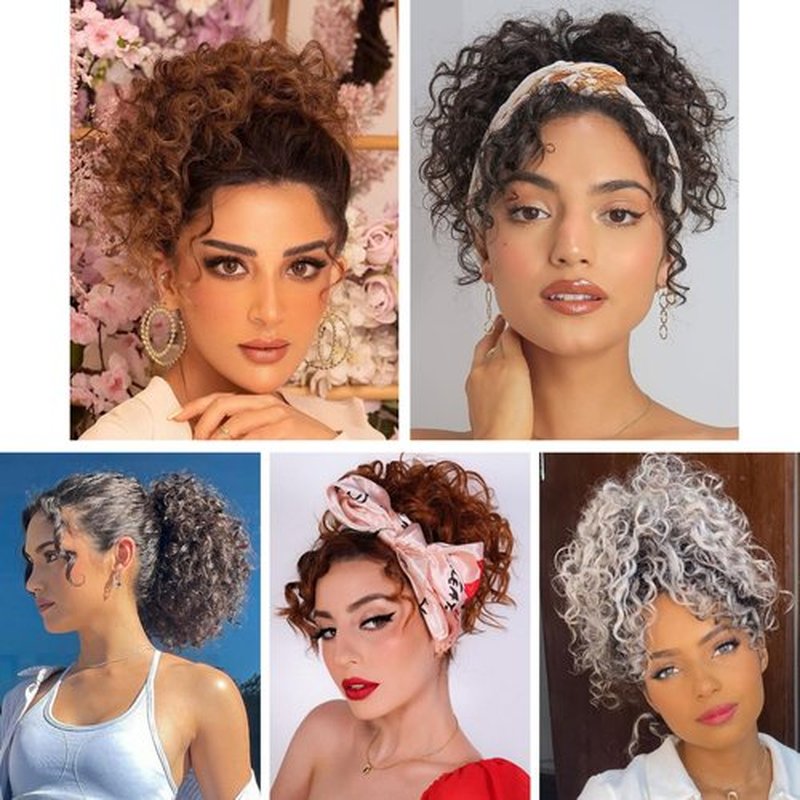 Adancyler Messy Bun Hair Piece Yaki Textured Sweet Loose Wavy Curly Hair Bun Short Drawstring Ponytail Extensions Hair Toppers Synthetic Hairpieces Pony Tails Hair Extensions for Women(Black Brown)