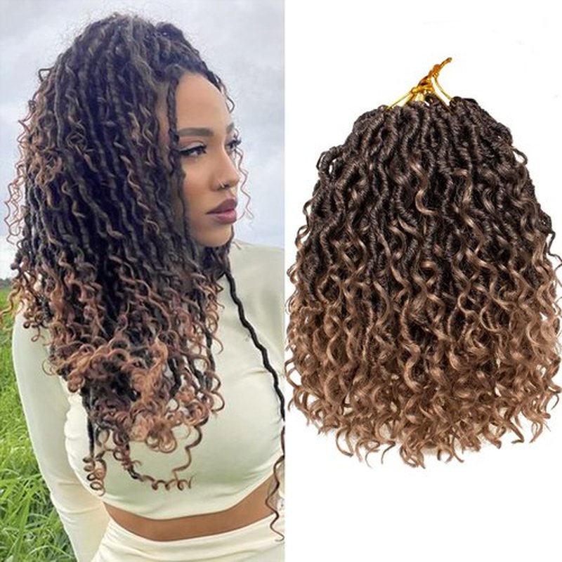 RuiYok 8 Packs Goddess Locs Crochet Hair 12 Inch Ombre Curly Faux Locs Crochet Hair Pre-looped Soft River Locs Crochet Braids Boho Hippie Locs Synthetic Hair Extensions(T27#)