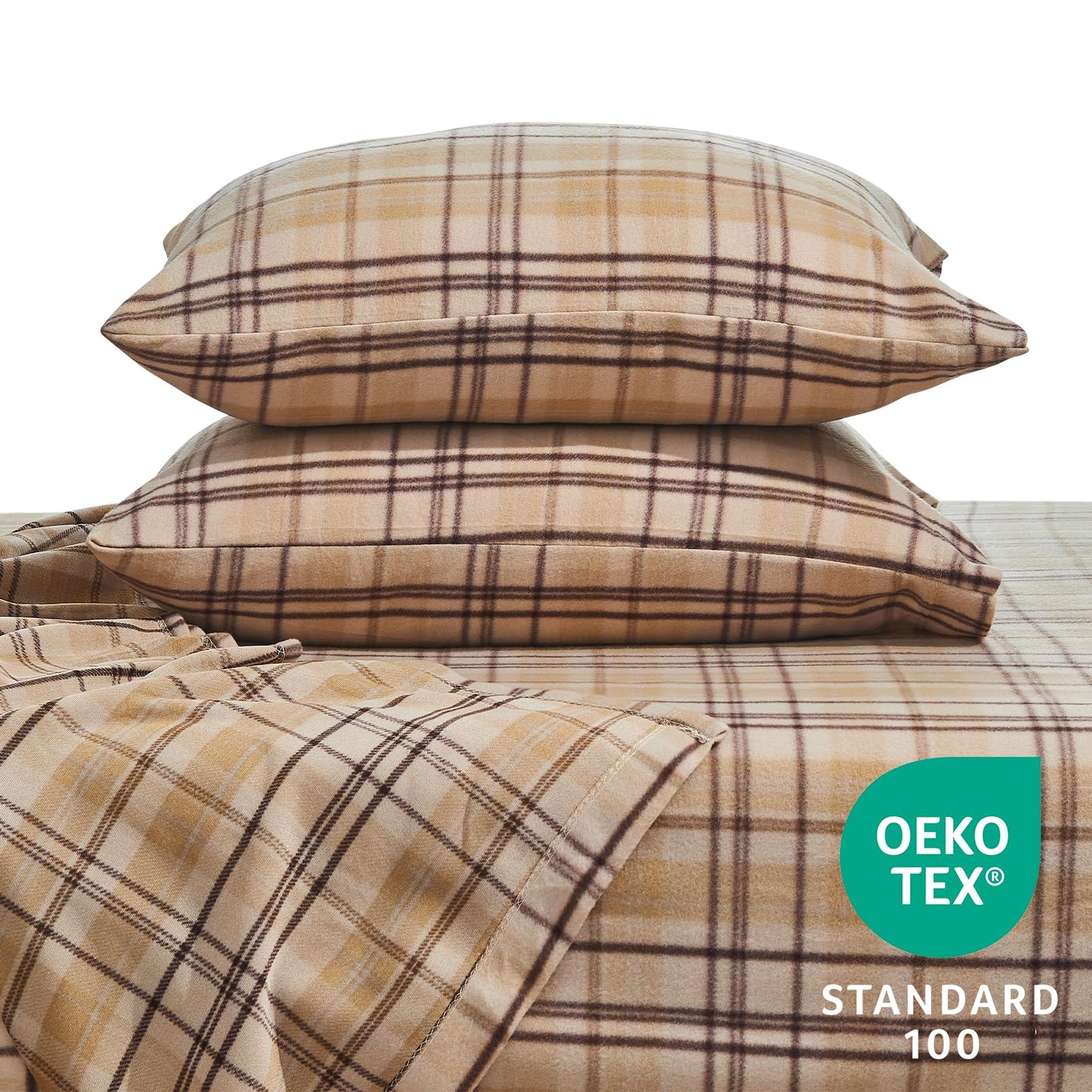 HYPREST Flannel Sheets King Size, Plaid Sheets Double Brushed, Camel Beige Plaid Warm Bed Sheets Winter Fuzzy Bedding