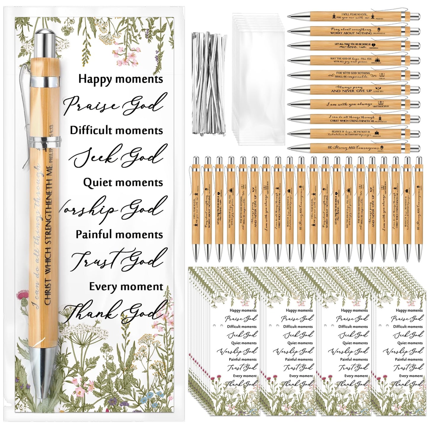 Chivertion 50 Set Christian Religious Gifts Bulk Include Bible Verse Pens and Inspirational Bookmarks Scripture Quote Bible Study Group Church Gifts for Christian Pastor (Bamboo)