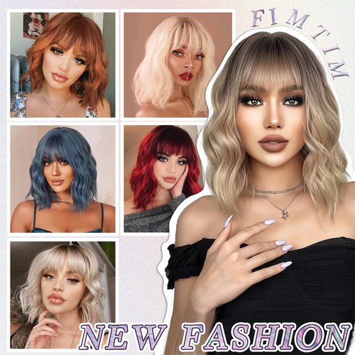FimTim Short Wavy Bob Wig with Bangs for Women - Colorful Synthetic Wig for Daily Use
