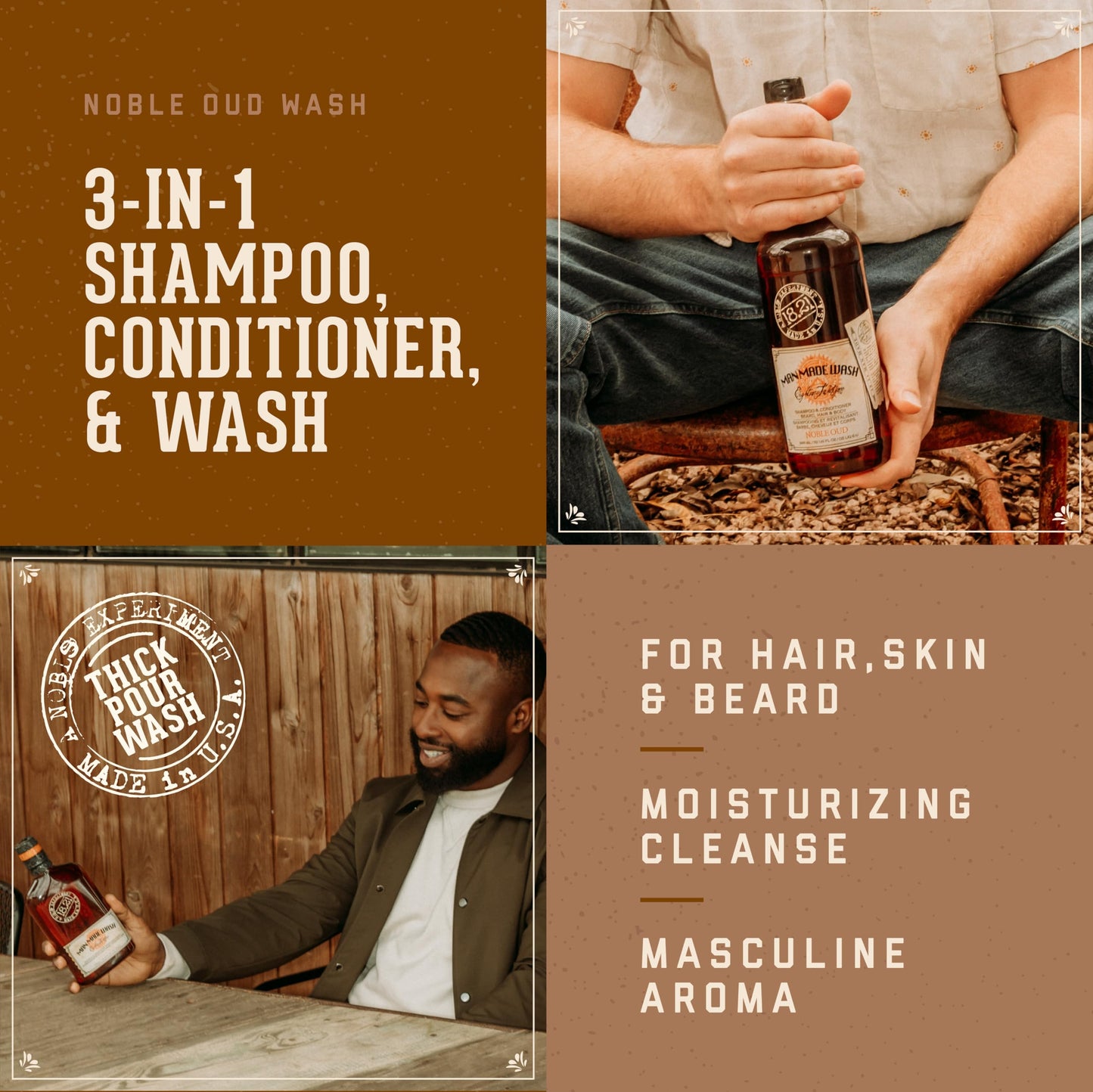 18.21 Man Made Original Noble Oud 3-in-1 Body Wash, Shampoo, & Conditioner for Men, All Hair & Skin Types, Strengthens and Moisturizes in a Manly Aroma, 3.4oz