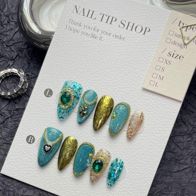 CAMILCY Handmade Nails Press on Almond Nail Pointed Green Gold Crystal Glitter Design Hand painted Reusable Gel UV Finished Pre shaped False Nails for Women 10pcs 3D Handmade Nails (A014 L)