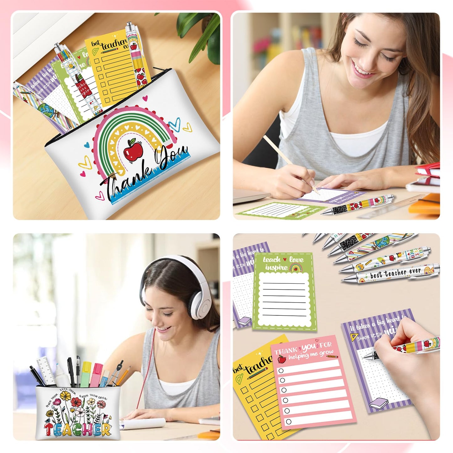 KOPOOEOE 36 Pcs Teacher Makeup Bags Appreciation Gifts Cosmetic Bags Funny Sticky Notes Teacher Pens Self-Stick Notes Thank You Gifts for School Coworker Employee Office Supplies