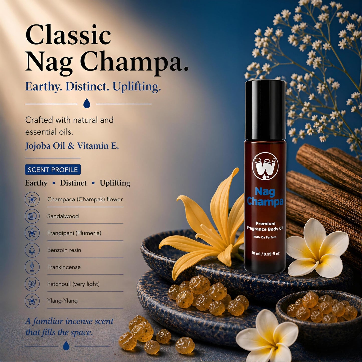 WagsMarket - Nag Champa Perfume Oil, from 0.33oz Roll On to 4oz Glass Bottle (0.33oz Roll On)