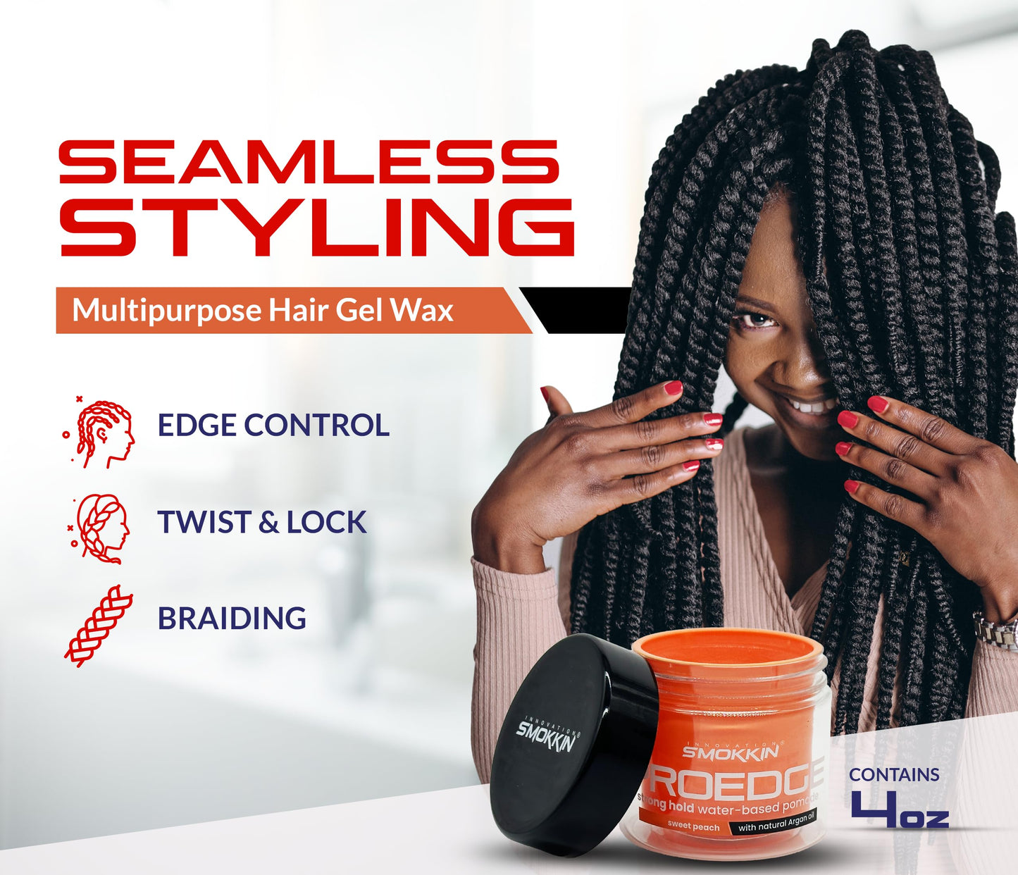 INNOVATION SMOKKIN Pro Edge Hair Styling Gel - Type Free Alcohol Free, Stylish Hair Gel with Strong Water Based Pomade (Sweet Peach 4 Fl oz)