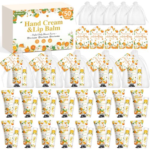 50 Pack Bulk Hand Cream and Bulk Lip Balm Gifts Sets, Bridal Shower Favors and Baby Shower Favors for Guests with Thank You Card and Organza Gift Bags, Stocking Stuffers, Baby Shower Prizes (Orange)