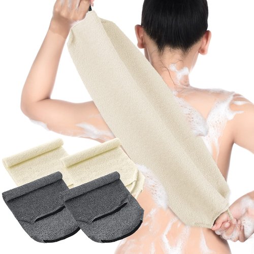 Moukeren Exfoliating Back Scrubber with Handles 4 Packs Nylon Back Exfoliator Extended Length Back Washers Scrubbers Stretchable Pull Strap(Dark Blue, Gray, Beige, Fluorescent Green)
